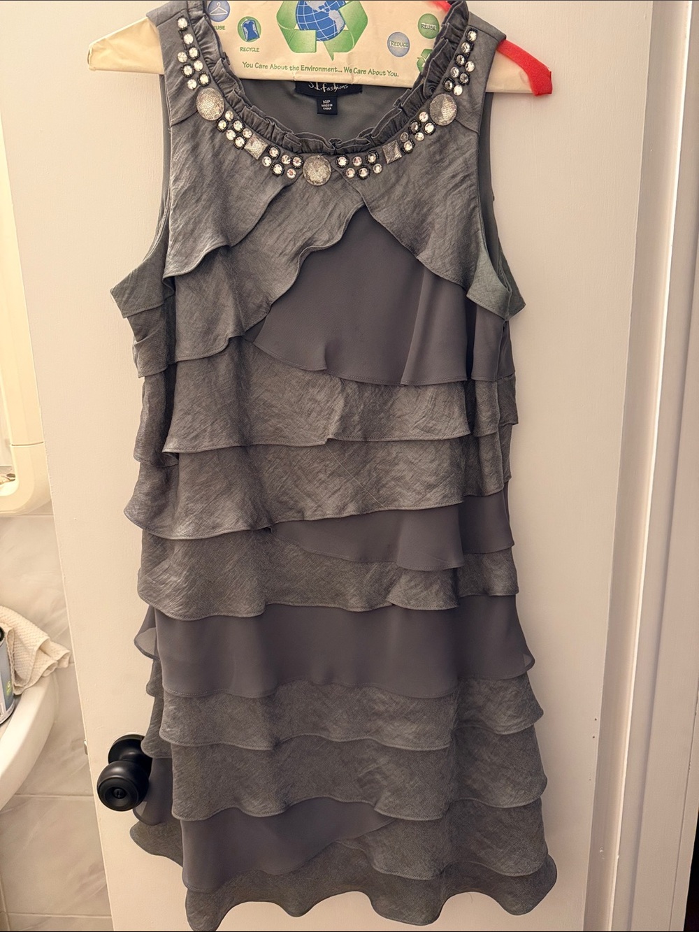 S.L. Fashions Gray Tiered Chiffon Embellished Dress | Women’s 14P
